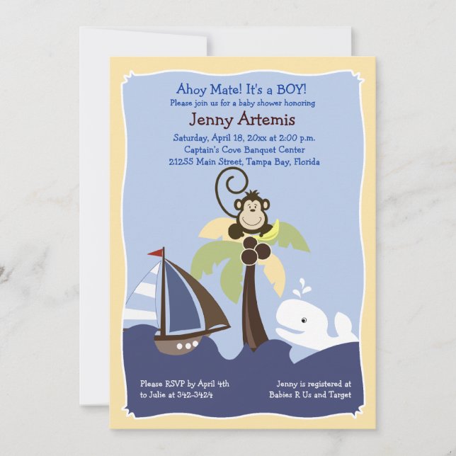 Ahoy Mate Whale, Sailboat & Monkey Invitation 5x7 (Front)