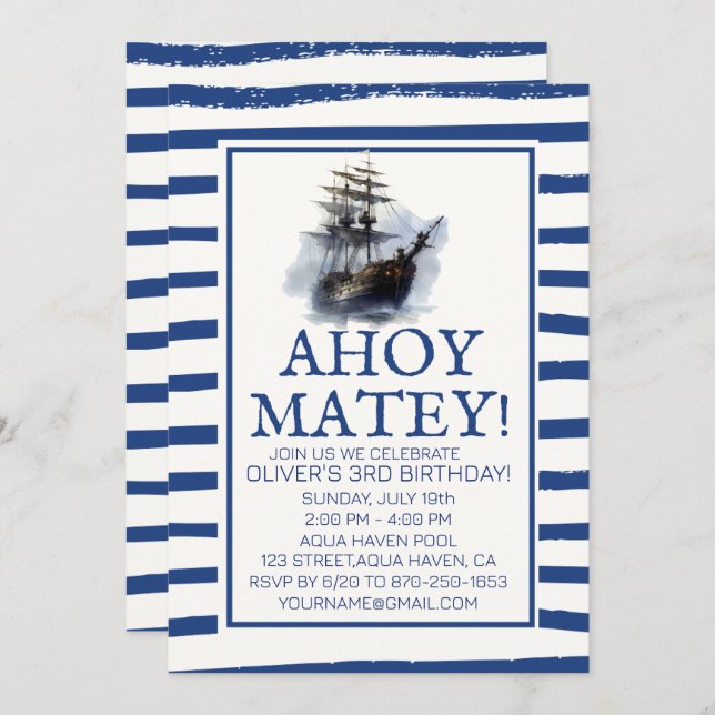 Ahoy Matey! Black Pirate Ship Birthday Invitation (Front/Back)