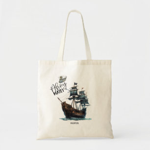 Ahoy Matey! Black Pirate Ship Birthday Tote Bag