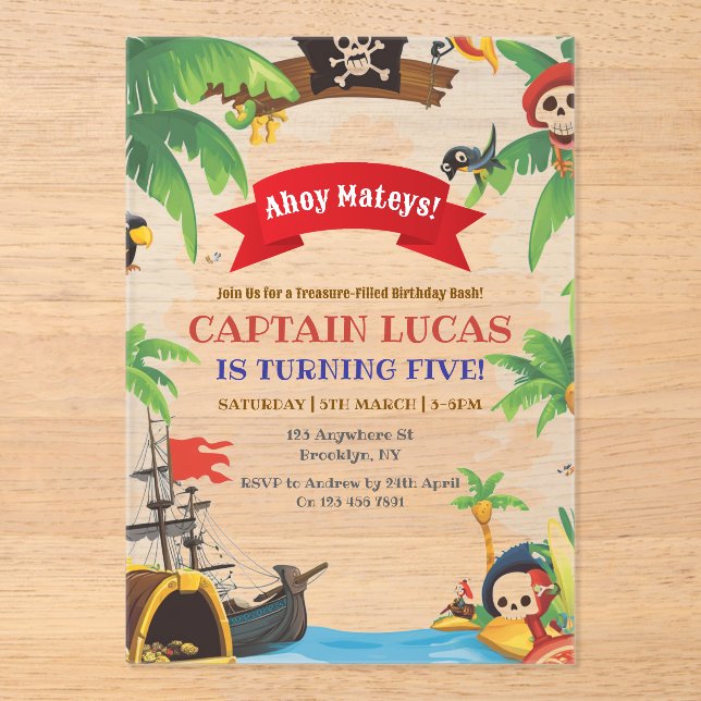 Ahoy Matey Boys Pirate Ship Birthday Acrylic Invitations (Front)