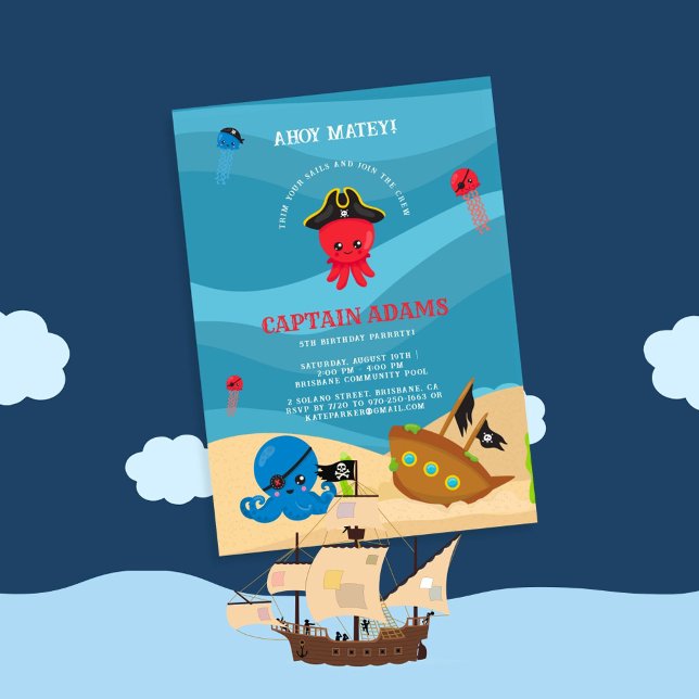 Ahoy Matey! Octopus Pirates Boys Birthday Invitation (Creator Uploaded)