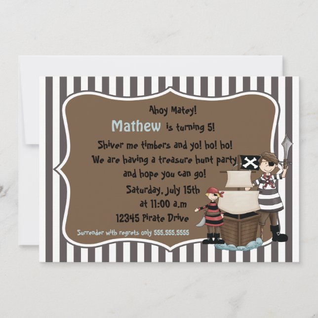 Ahoy Matey -Pirate birthday party invitation-brown Invitation (Front)