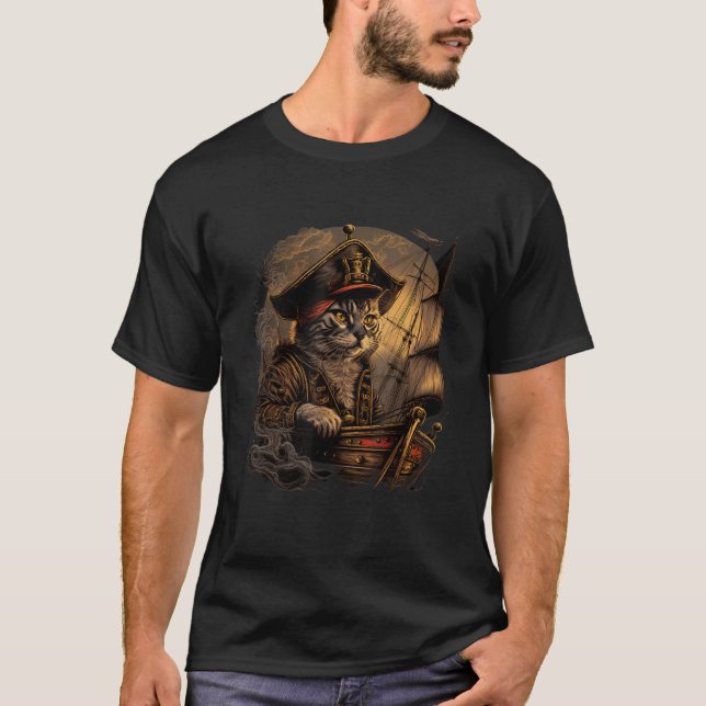 Ahoy, Matey! Pirate Cat Design with Ship and Jolly T-Shirt (Front)