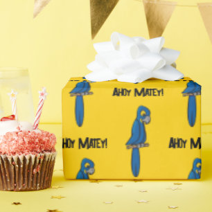 Ahoy Matey Pirate Parrot Cartoon, Funny Macaw Bird Wrapping Paper