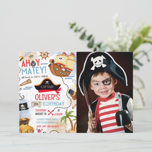 Ahoy Matey Pirate Photo Birthday Invitation (Standing Front)
