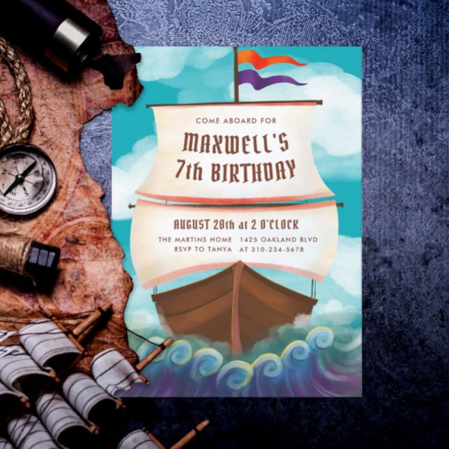 Ahoy Matey Pirate Ship Birthday Party Invitation (Creator Uploaded)