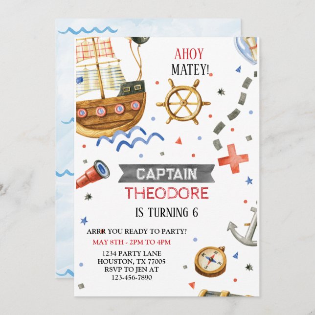 Ahoy Matey Pirate Ship Boy Birthday Invitation (Front/Back)