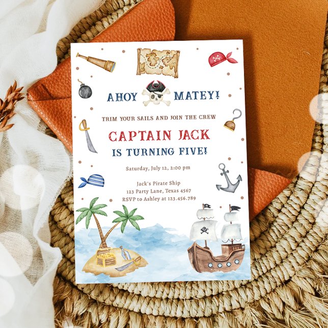 Ahoy Matey! Pirate Ship Treasure Boy Birthday Invitation (Creator Uploaded)