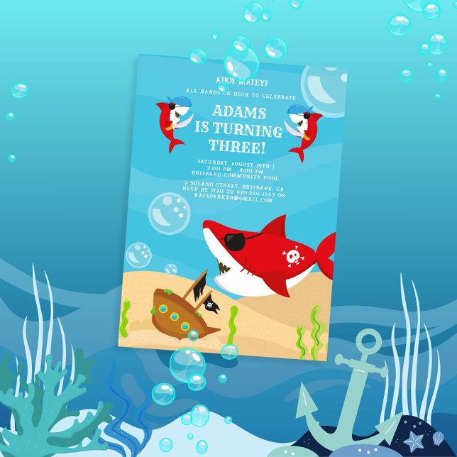 Ahoy Matey! Red Shark Pirate Under Sea Birthday Invitation (Creator Uploaded)