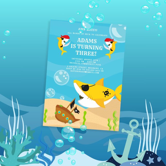 Ahoy Matey! Yellow Shark Pirate Under Sea Birthday Invitation (Creator Uploaded)