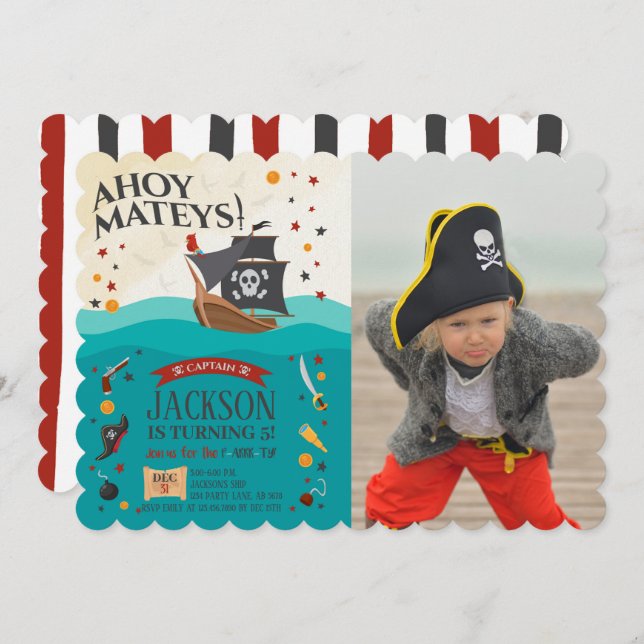 Ahoy Mateys Pirate Birthday Photo Invitation (Front/Back)