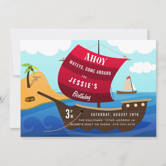 Ahoy Mateys Pirate Ship Kids Birthday Invitation (Front)