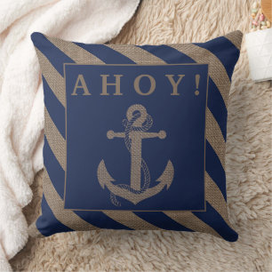 Ahoy! Nautical Anchor Navy Blue & Burlap Stripes Cushion