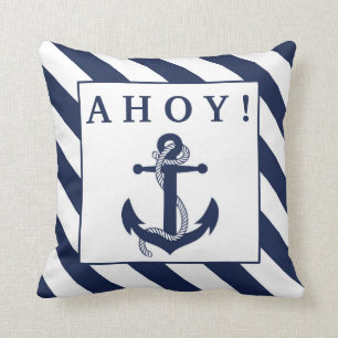 Ahoy! Nautical Anchor Navy Blue & White Stripes Cushion