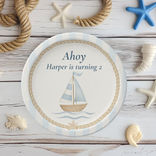 Ahoy Nautical Birthday   Blue Sailboat  Paper Plate
