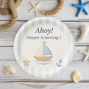 Ahoy Nautical Birthday Blue Sailboat Paper Plate