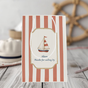 Ahoy Nautical Birthday   Red Stripes & Sailboat  Medium Gift Bag