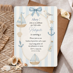 Ahoy Nautical Blue Birthday   Pastel Sailboat Invitation