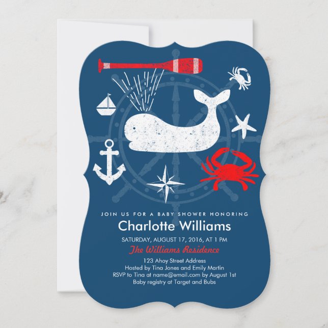 Ahoy Nautical Blue & Red Baby Shower Invitation (Front)