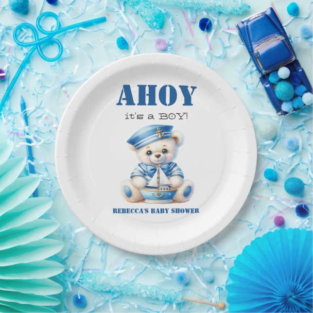 Ahoy Nautical Blue Sailor Bear Boy Baby Shower Paper Plate (Party)