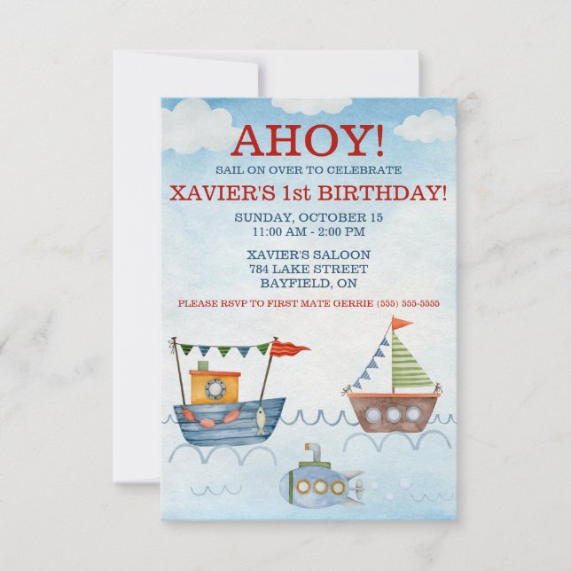 AHOY! Nautical Boats and Submarine Birthday Party Invitation (Front)