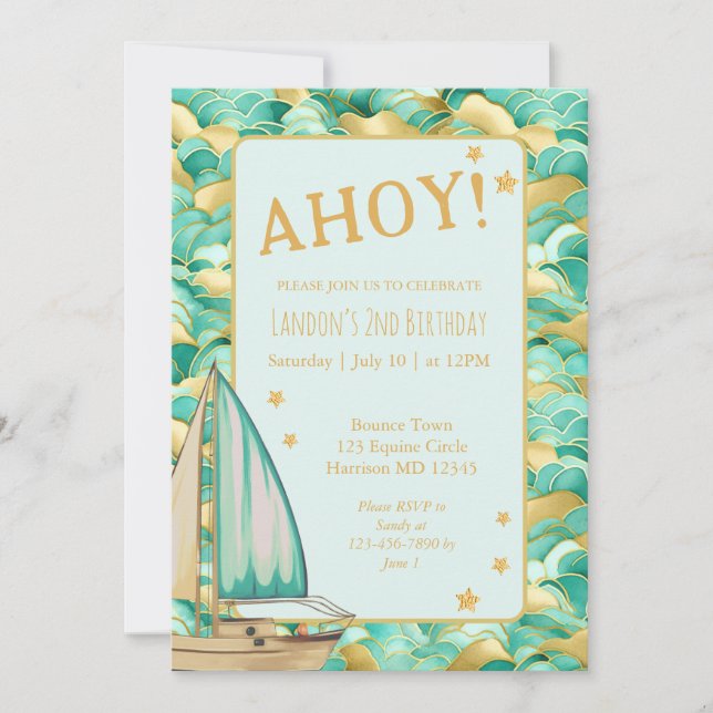 Ahoy Nautical Green and Gold Boat Birthday Party Invitation (Front)