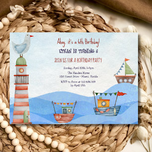 Ahoy  Nautical kids watercolor birthday Invitation