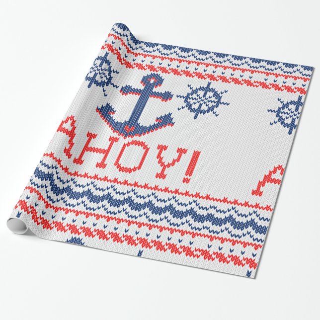 AHOY Nautical Knit Christmas Sweater Style Wrapping Paper (Unrolled)