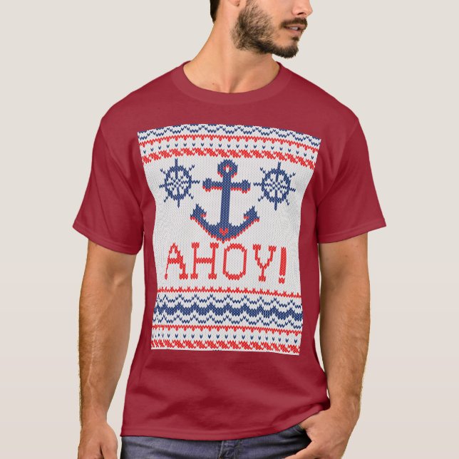 AHOY Nautical Knitting Christmas Jumper Style T-Shirt (Front)