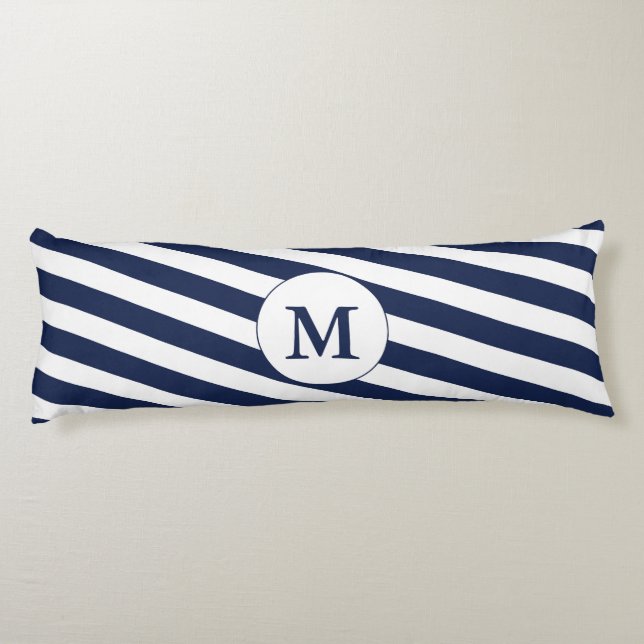 Ahoy! Nautical Monogram Navy Blue & White Stripes Body Cushion (Back)