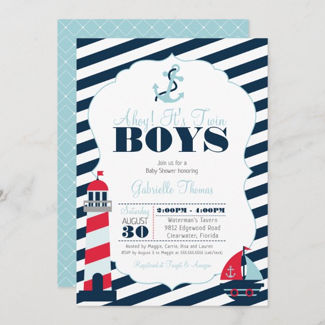 Ahoy Nautical Navy Blue Twin Boy Baby Shower Invitation (Front/Back)