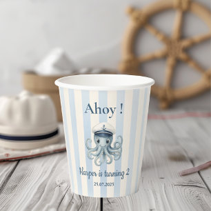 Ahoy Nautical Octopus Birthday Blue Stripes Paper Cups