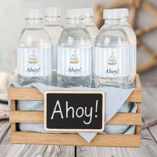 Ahoy Nautical Pastel Blue Sailboat Birthday Water Bottle Label