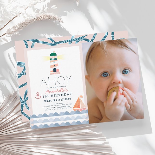 Ahoy Nautical Pink Girl Photo 1st Birthday Invitation (Creator Uploaded)