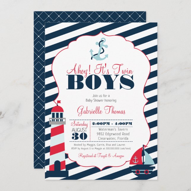 Ahoy Nautical Red Navy Stripe Twin Boy Baby Shower Invitation (Front/Back)