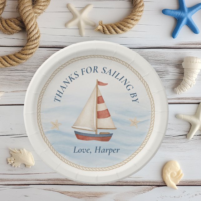 Ahoy Nautical Sailboat Birthday | Blue & Red Paper Plate (Creator Uploaded)