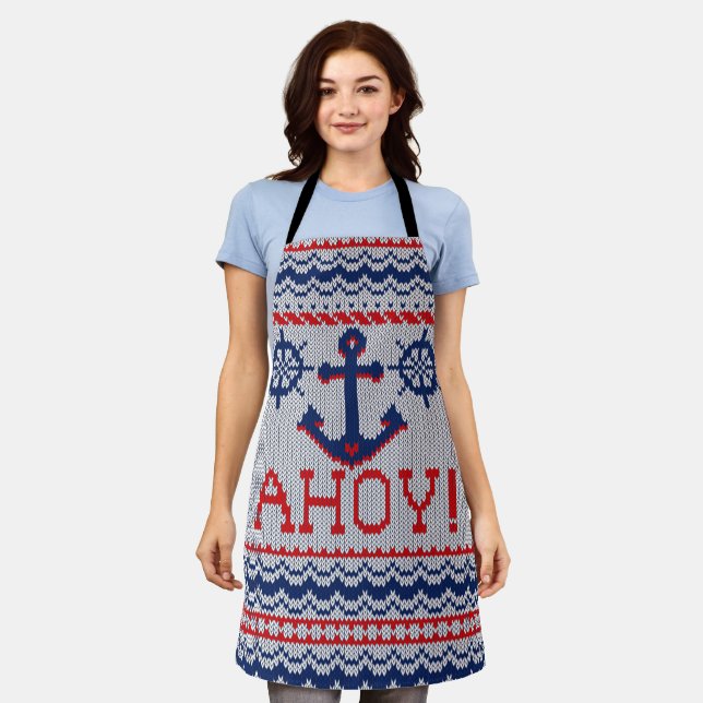 Ahoy Nautical Ugly Christmas Sweater Style Apron (Worn)