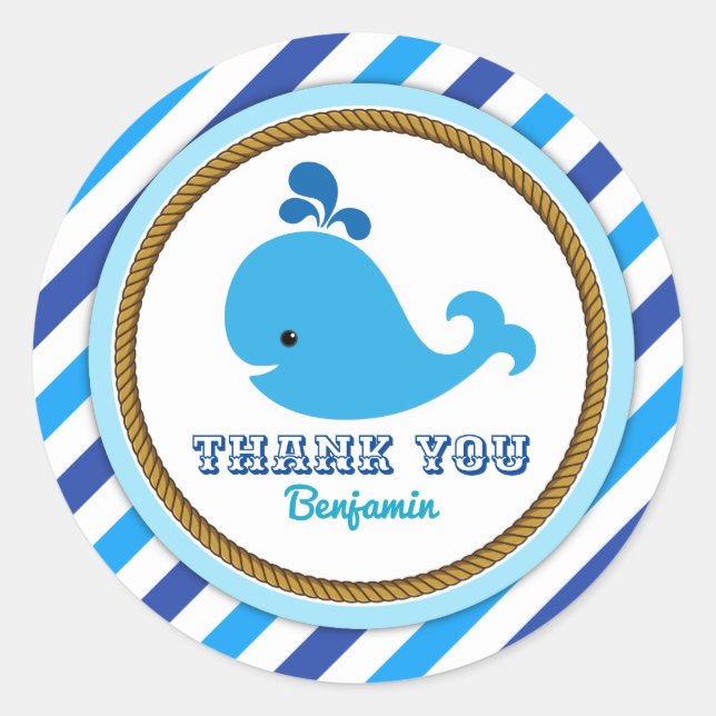 AHOY! Nautical Whale Birthday Thank You Favour Classic Round Sticker (Front)