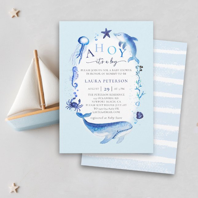 Ahoy Ocean Animals Nautical Blue Boy Baby Shower Invitation (ocean baby boy shower invitation ahoy under the sea whale dolphin blue watercolor beach nautical.)