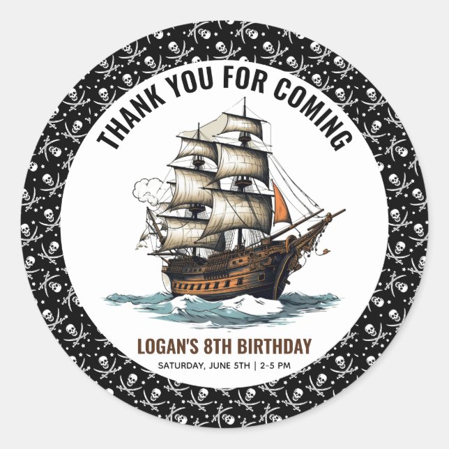 Ahoy! Pirate Ship 8th Birthday  Classic Round Sticker (Front)