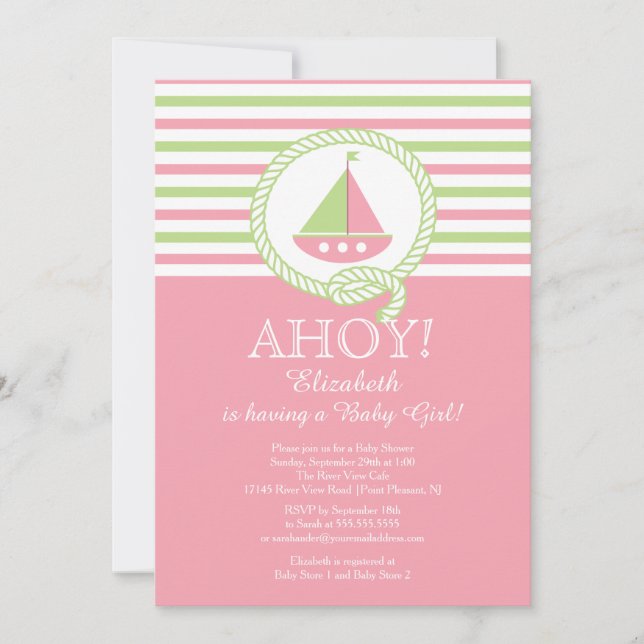 Ahoy Sailboat Nautical Girl Baby Shower Invitation (Front)
