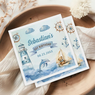 Ahoy Sailor Nautical Boat Blue 1st Birthday  Napkin