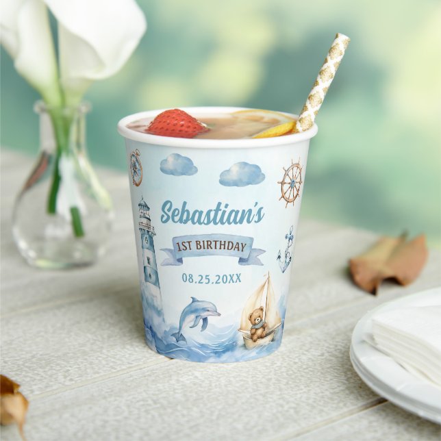 Ahoy Sailor Nautical Boat Blue 1st Birthday  Paper Cups (Insitu)