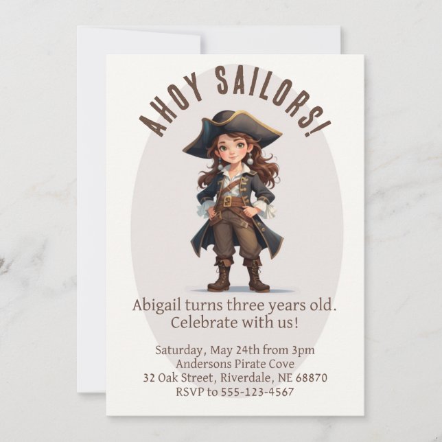 Ahoy Sailors! Girl Pirate Birthday Invitation (Front)