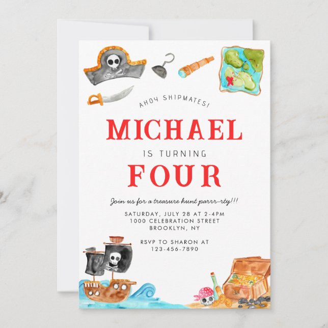 Ahoy Shipmates Treasure Hunt Ship Pirate Birthday Invitation (Front)