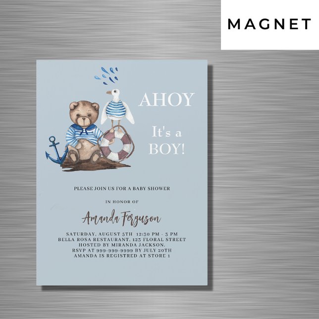 Ahoy teddy bear boy sailor luxury Baby Shower Magnetic Invitation (Creator Uploaded)