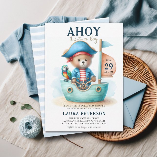 Ahoy Teddy Bear Pirate Captain Boy Baby Shower Invitation (ahoy boy baby shower invitation teddy bear pirate captain parrot boat cute watercolor character)