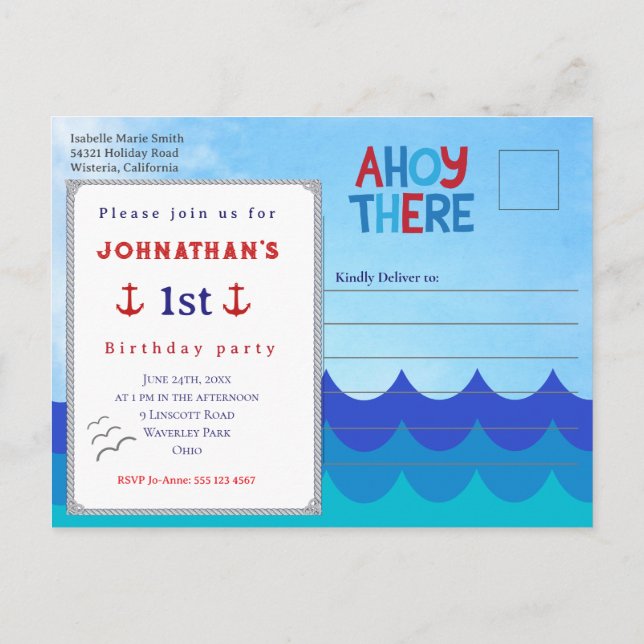 Ahoy There Nautical Theme 1st Birthday Party  Postcard (Back)