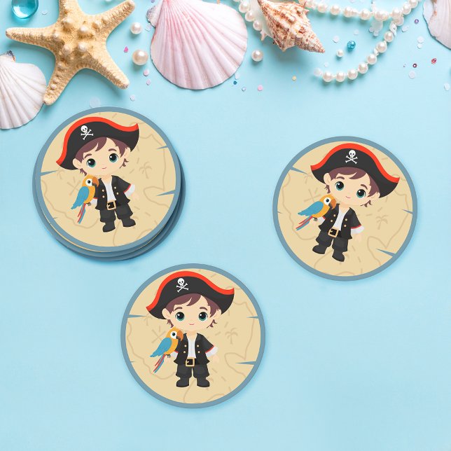 Ahoy There! Pirate Boy Birthday Party Round Paper Coaster (Creator Uploaded)