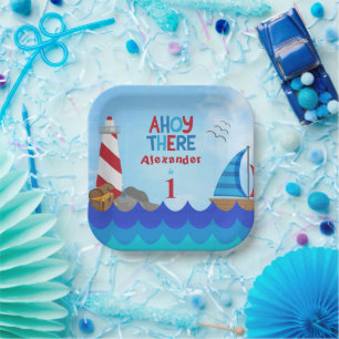 "Ahoy There" Quote Lighthouse Sailboat Treasure Paper Plate